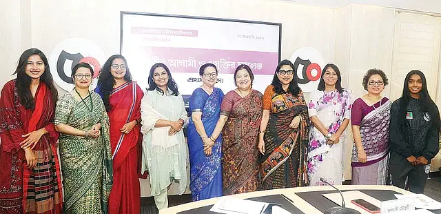 Guests of a roundtable titled 'Future of women and technological challenge’ at Prothom Alo office in the capital's Karwan Bazar area on Monday, 27 February, 2023.