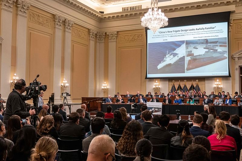 US House of Representatives Select Committee watch photo documents during the first hearing on national security and Chinese threats to America held by the House Select Committee on the Chinese Communist Party on Capitol Hill in Washington, DC on 28 February, 2023