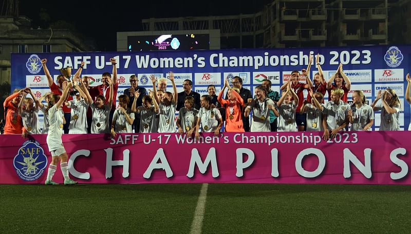 Champion Russia team celebrates after winning the SAFF Under-17 Women's Championship 2023 in Dhaka on 29 March 2023