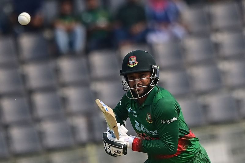 Bangladesh's Shakib Al Hasan plays a shot during the first ODI between Bangladesh and Ireland at the Sylhet International Cricket Stadium in Sylhet on 18 March 2023