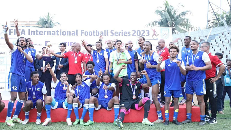 Seychelles players celebrate after defeating Bangladesh 1-0 in a FIFA friendly match at the Sylhet District Stadium on 28 March 2023