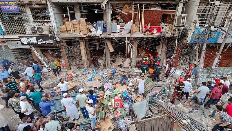 Debris scattered after the explosion in Siddique Bazar, Gulistan, Dhaka, on 7 March 2023