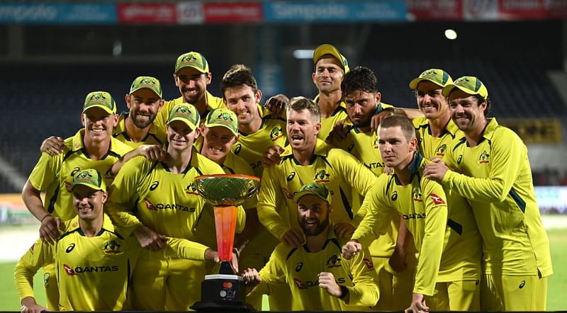 Australian players celebrates with the trophy after winning the ODI series against India at the MA Chidambaram Stadium in Chennai on 22 March, 2023