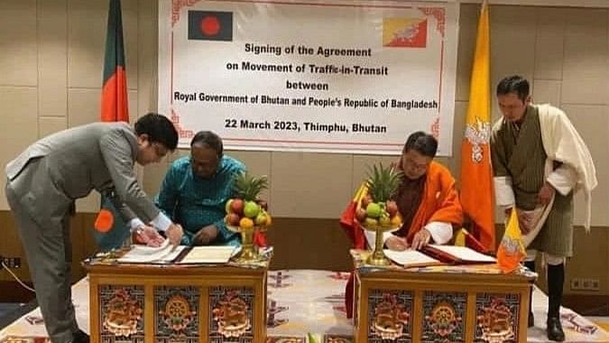 Bangladesh commerce minister Tipu Munshi and Bhutanese minister for industry, commerce and employment Lyonpo Karma Dorji sign the agreement on behalf of their respective sides in Thimpu, Bhutan, on 22 March 2023