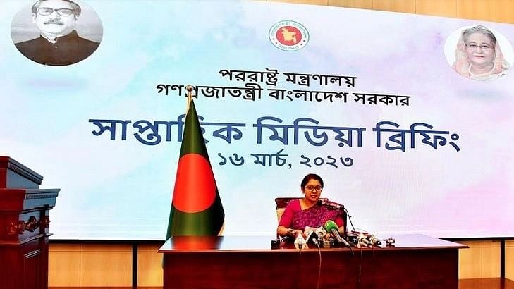 Bangladesh foreign ministry spokesperson Seheli Sabrin speaks to newspersons at the foreign office’s weekly media briefing on 16 March 2023