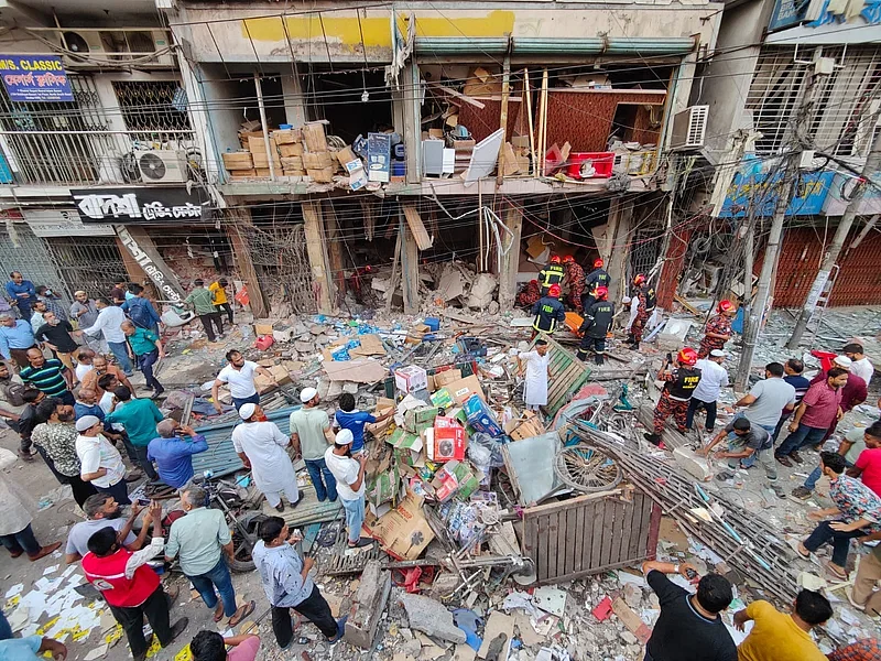 Debris scattered after the explosion in Siddique Bazar, Gulistan, Dhaka, on 7 March 2023