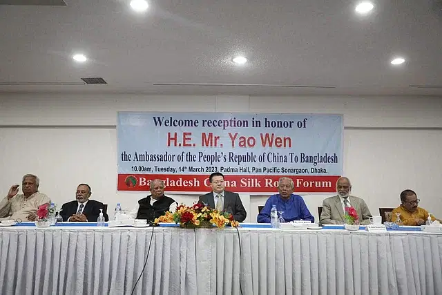 Chinese ambassador at a reception accorded by Bangladesh-China Silk Road Forum at a hotel in the capital on Tuesday afternoon.