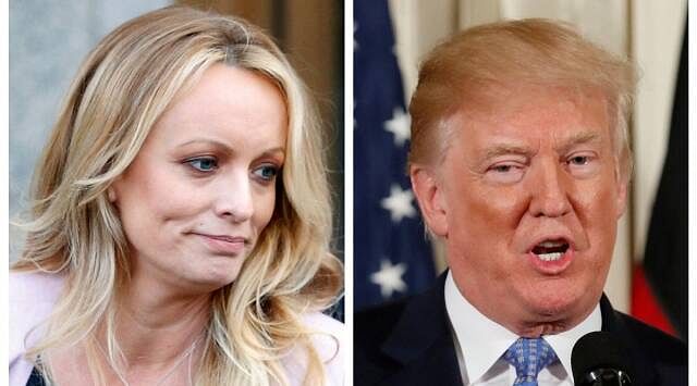 A combination photo shows Adult film actress Stephanie Clifford, also known as Stormy Daniels speaking in New York City, and US President Donald Trump speaking in Washington, Michigan, US.