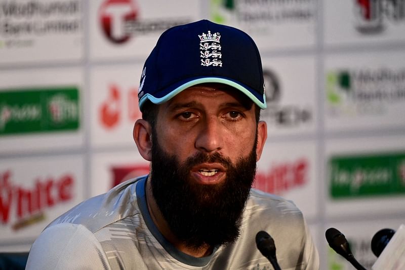 England’s Moeen Ali speaks at a press conference during a practice session at the Sher-e-Bangla National Cricket Stadium in Dhaka on 28 February, 2023, on the eve of their first one day international (ODI) cricket match against Bangladesh