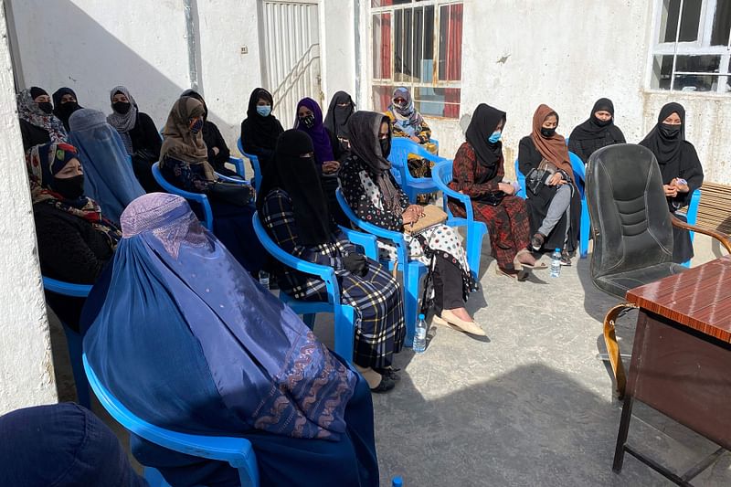 Afghan women gather to protest for their right to education, at a house in Mazar-i-Sharif on 7 March, 2023