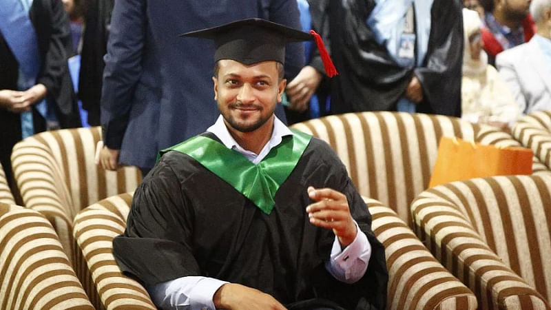 Shakib Al Hasan seen wearing graduation headgear during the convocation ceremony at his university in Dhaka on 19 March 2023