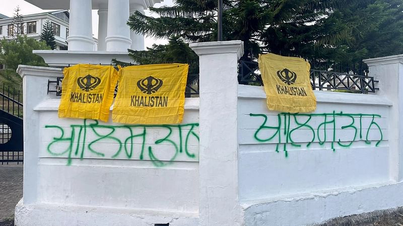 Khalistan flags are pictured on the walls of Vidhan Sabha Complex, at Tapovan, in Dharamshala on 8 May 2022