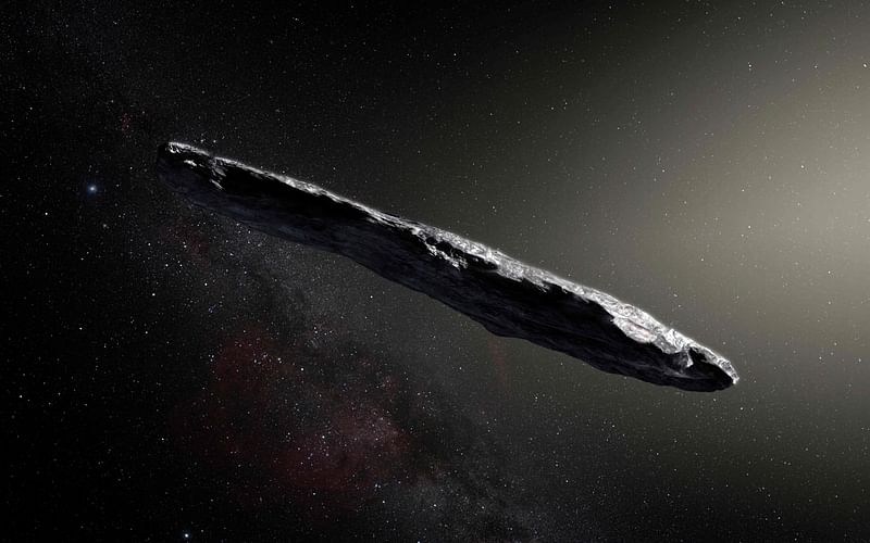 This file handout image released by the European Southern Observatory on 20 November, 2017 shows an artist's impression of the first interstellar asteroid, called Oumuamua.