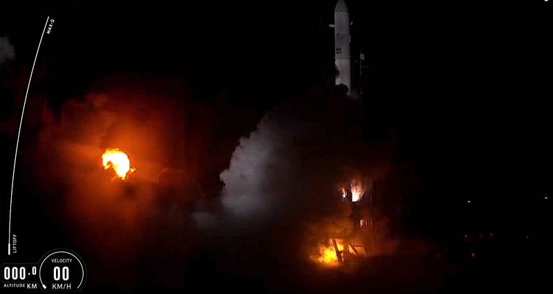 This handout screengrab provided by Relativity Space on 22 March, 2023, shows the first 3D printed rocket, Terran 1, taking off from Launch Complex 16 in Cape Canaveral, Florida