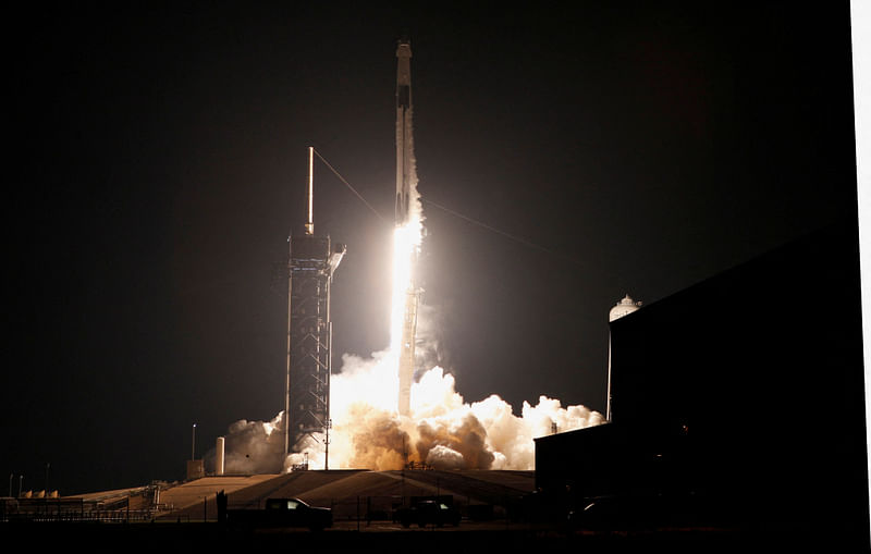 NASA's SpaceX Crew-6 mission, that includes NASA astronauts Stephen Bowen and Woody Hoburg, the United Arab Emirates' Sultan Al-Neyadi and Russian cosmonaut Andrey Fedyaev, launches to the International Space Station from the Kennedy Space Center in Cape Canaveral, Florida, US, 2nd March, 2023.