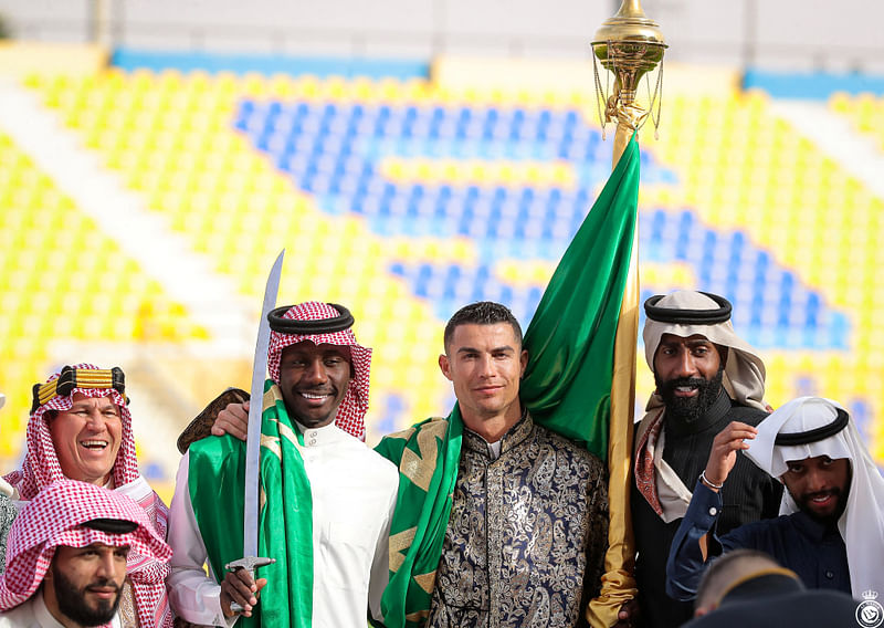 Al-Nassr's Cristiano Ronaldo celebrates Saudi Arabia's Founding Day wearing local traditional clothes at Al-Nassr Football Club in Riyadh, Saudi Arabia on 22 February 2023