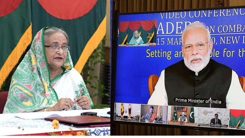 Prime Minister Sheikh Hasina and her Indian counterpart Narendra Modi at a videoconference