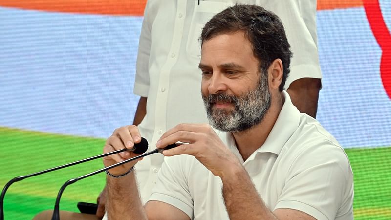 Congress leader Rahul Gandhi during a press briefing, at the party headquarters, in New Delhi on 16 March 2023