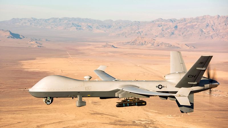 In this file photo taken on 7 November, 2020 This handout photo courtesy of the US Air Force obtained on 7 November, 2020 shows an MQ-9 Reaper unmanned aerial vehicle (UAV or drone) flying over the Nevada Test and Training Range on 14 January, 2020