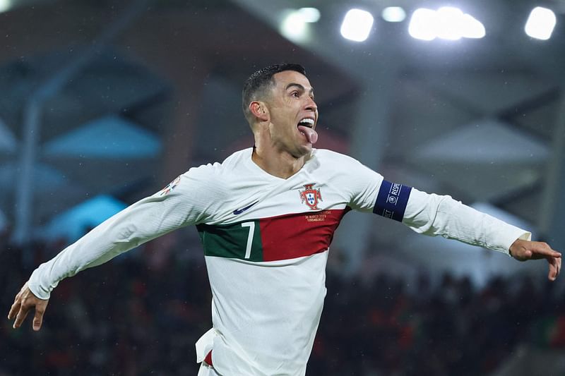 Portugal's forward Cristiano Ronaldo celebrates after scoring his team's first goal during the UEFA Euro 2024 group J qualification football match between Luxembourg and Portugal at the Stade de Luxembourg, in Luxembourg, on 26 March, 2023