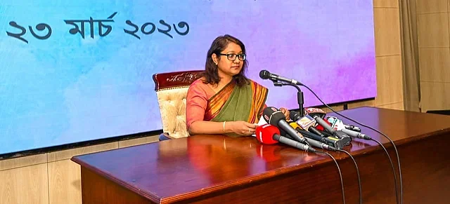 Foreign ministry spokesperson Seheli Sabrin at a weekly press conference at the ministry on Thursday.