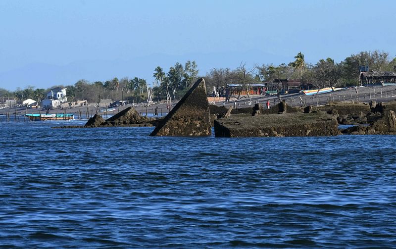 Picture of debris of constructions destroyed by sea-level rise in Cedeño, municipality of Marcovia, Choluteca Department, in the Gulf of Fonseca in the Pacific southern coast of Honduras, taken on 20 February, 2023