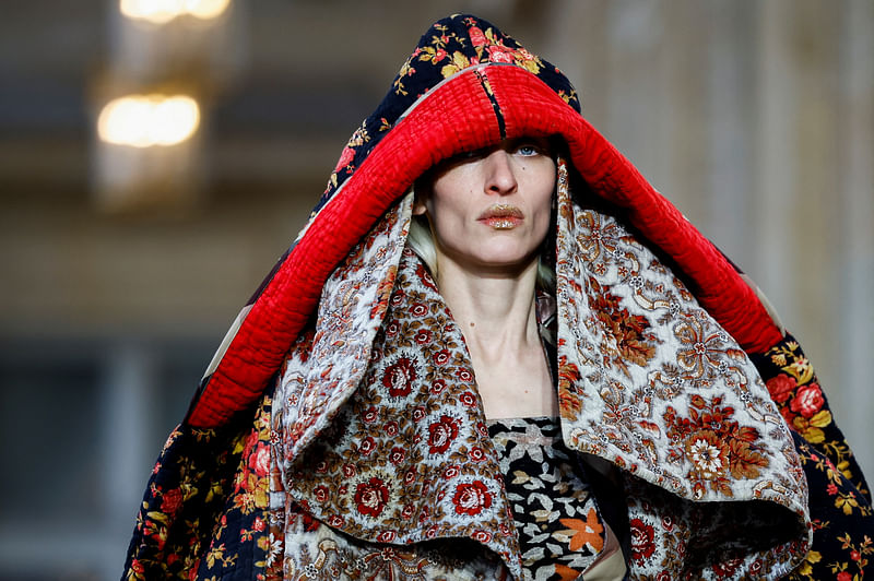 A model presents a creation by designer Andreas Kronthaler as part of his Fall-Winter 2023/2024 Women's ready-to-wear collection show for late designer Vivienne Westwood's namesake label during Paris Fashion Week in Paris, France 4 March, 2023.