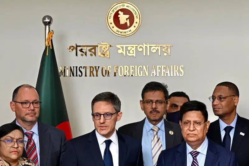 US State Department Counselor Derek Chollet speaks at a joint press conference with Bangladeshi Foreign Minister A.K. Abdul Momen in Dhaka, Bangladesh, on on 15 February.