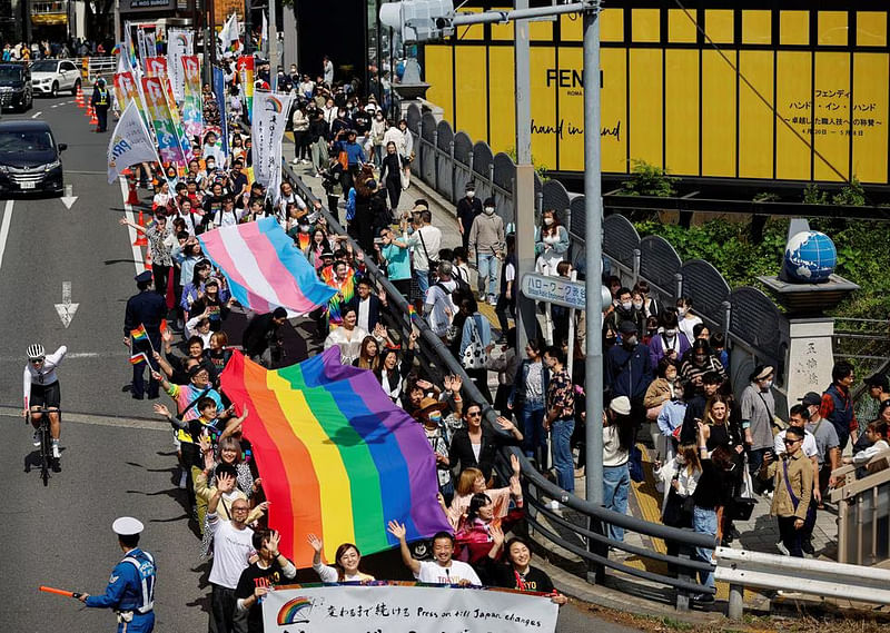 Participants march during the Tokyo Rainbow Pride parade, celebrating advances in LGBTQ rights and calling for marriage equality, in Tokyo, Japan, on 23 April, 2023