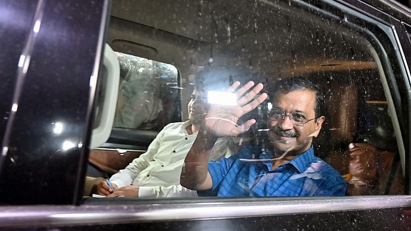 Delhi Chief Minister Arvind Kejriwal leaves CBI office after being questioned in the liquor policy case, in New Delhi on 16 April 2023