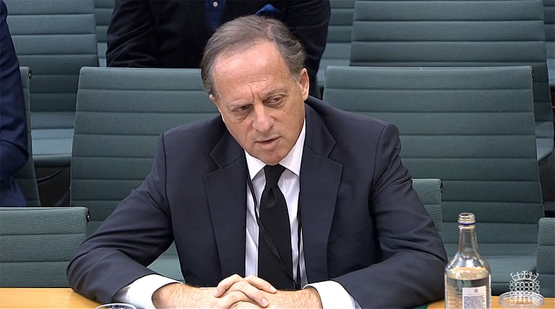 In this file video grab taken from footage broadcast by the UK Parliament's Parliamentary Recording Unit (PRU) on 7 February 2023 shows BBC chairperson Richard Sharp testifying in front of a Digital, Culture, Media and Sport (DCMS) Committee in London Sharp announced his resignation on 28 April 2023 over involvement in securing a private credit line for up to £800,000 ($990,000) for the then-PM Boris Johnson from a Canadian businessman.