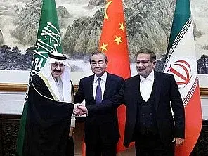 Minister of State and national security adviser of Saudi Arabia Musaad bin Mohammed Al Aiban, Director of the Office of China's Central Foreign Affairs Commission Wang Yi and Secretary of Iran’s Supreme National Security Council Ali Shamkhani during a meeting in Beijing, China