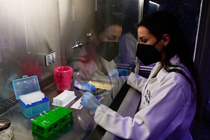 Veterinary researcher Monserrat Elemi Garcia works at the "El Dorado" zoonosis prevention studies laboratory at the Veterinary Faculty of the Autonomous University of Mexico (UNAM) in Mexico City on 27 March, 2023. As night fell in Mexico's Yucatan jungle, veterinarian Omar Garcia extracted blood and fluids from a bat as part of an investigation aimed at preventing the next potential pandemic.