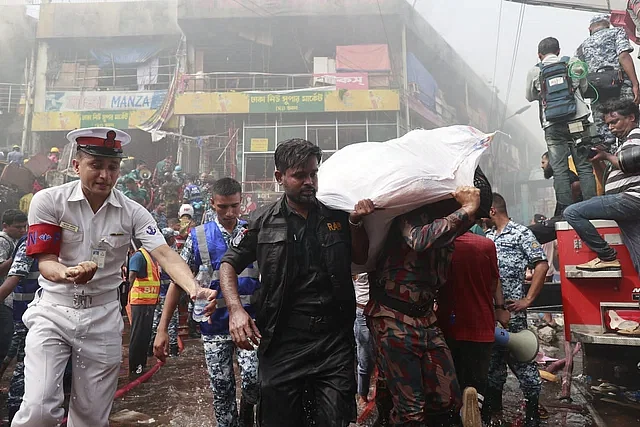 Army, Navy, Air Force, RAB and BGB have joined the efforts to douse the fire at Dhaka New Super Market adjacent to New Market in the capital on 15 April 2023.