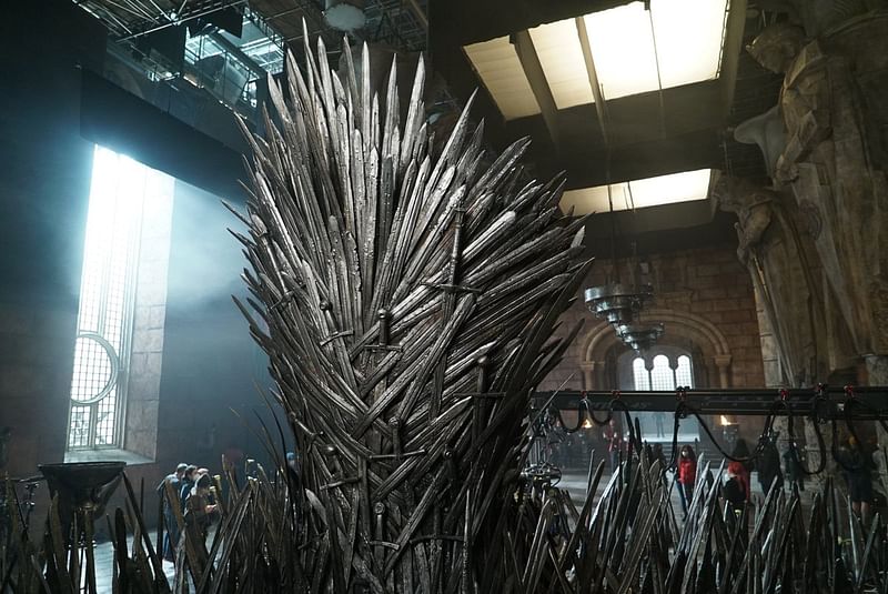 A first-look picture released of the Iron Throne sitting proudly in the Great Hall of the Red Keep.