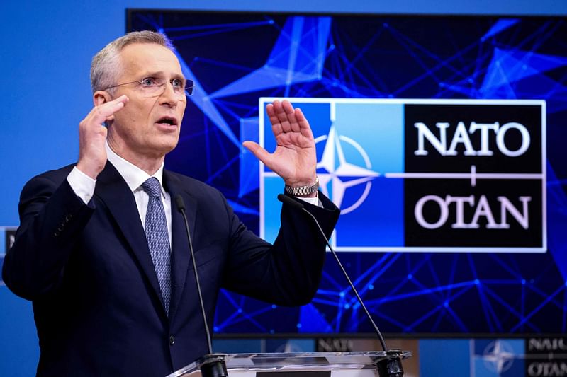 NATO Secretary General Jens Stoltenberg speaks during a press conference to present the next North Atlantic Council (NAC) Ministers of Foreign Affairs meeting at the NATO headquarters in Brussels on 3 April 2023.