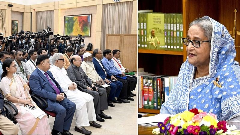 Prime minister Sheikh Hasina addresses an event at her official residence Ganabhaban on 5 April, 2023.