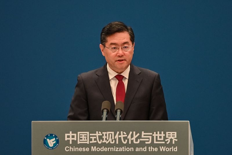 Qin Gang, State Councilor and Foreign Minister of China, delivers a speech during the opening ceremony of the Lanting Forum, held under the theme of "Chinese Modernization and the World", at the Grand Halls, in Shanghai, on 21 April, 2023