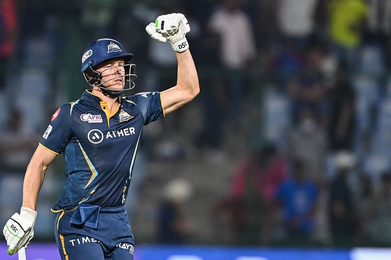 Gujarat Titans' David Miller reacts after his teams win in the Indian Premier League match between Delhi Capitals and Gujarat Titans at the Arun Jaitley Stadium in New Delhi on 4 April 2023