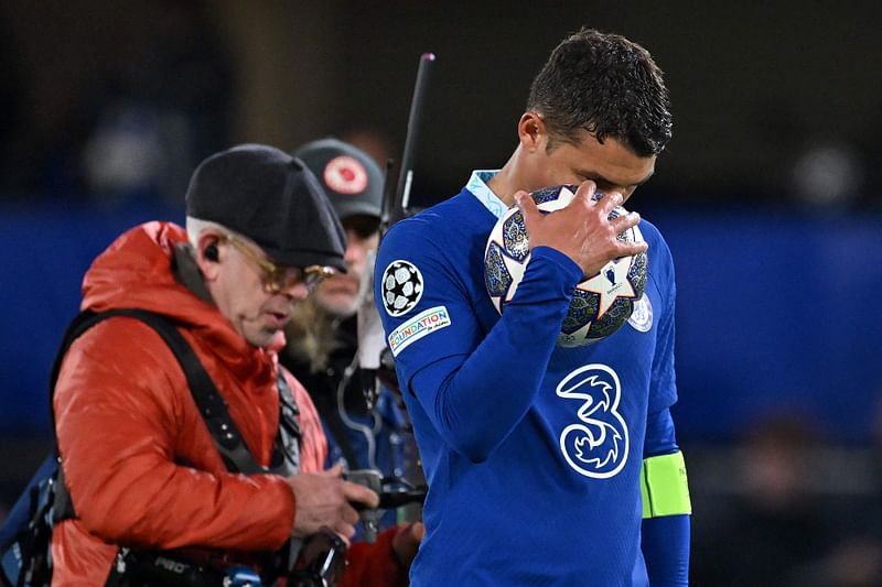 Chelsea's Brazilian defender Thiago Silva carries a football after the UEFA Champions League quarter-final second-leg match between Chelsea and Real Madrid at Stamford Bridge in London on 18 April 2023