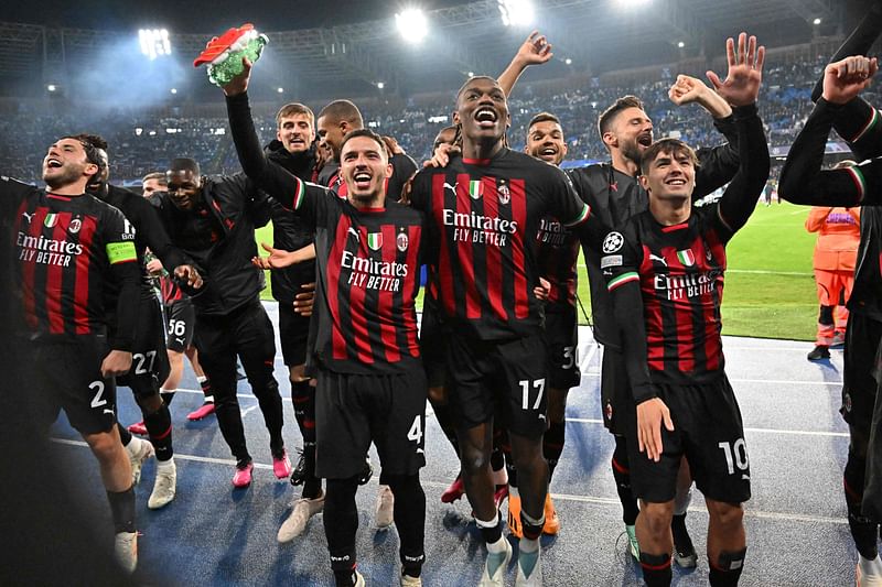 C Milan's Italian defender Davide Calabria, AC Milan's Algerian defender Ismael Bennacer, AC Milan's Portuguese forward Rafael Leao, AC Milan's French forward Olivier Giroud and AC Milan's Spanish midfielder Brahim Diaz acknowledge the public at the end of the UEFA Champions League quarter-finals second leg football match between SSC Napoli and AC Milan on 18 April, 2023