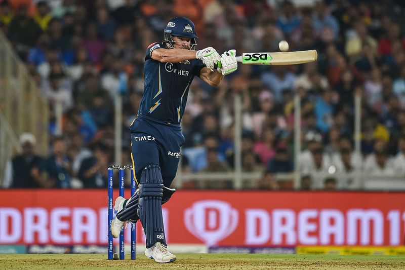 Gujarat Titans' David Miller plays a shot during the Indian Premier League (IPL) Twenty20 cricket match between Gujarat Titans and Mumbai Indians at the Narendra Modi Stadium in Ahmedabad on 25 April, 2023