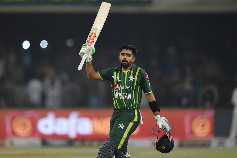 Pakistan's captain Babar Azam celebrates his century during the second Twenty20 between Pakistan and New Zealand at the Gaddafi Cricket Stadium in Lahore, on 15 April 2023