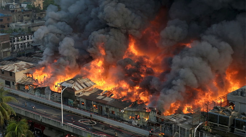 An aerial view shows firefighters trying to douse a fire that broke out in a popular clothing market known as Banga Bazar Market in Dhaka, Bangladesh, on 4 April, 2023, in this screengrab obtained from a social media video