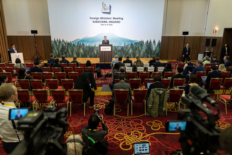 US secretary of state Antony Blinken holds a press conference at Karuizawa Prince Hotel West in Karuizawa, Nagano prefecture, Japan, 18 April 2023