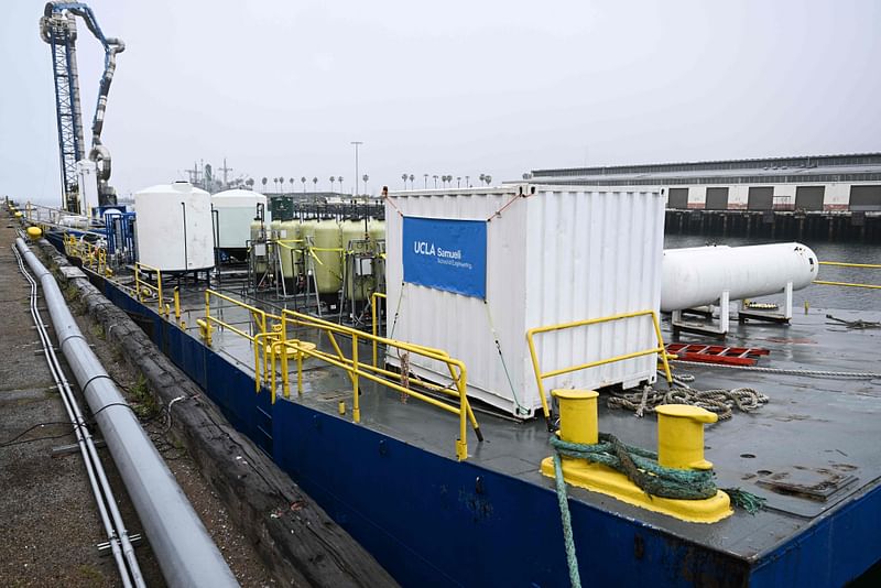 Equipment on a barge for UCLA’s SeaChange climate change carbon removal project at the Port of Los Angeles in San Pedro, California on April 12, 2023