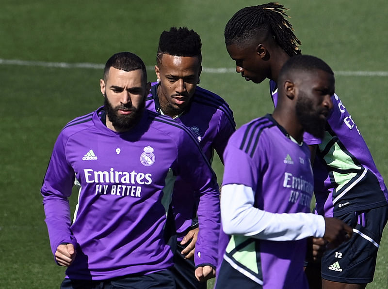 Real Madrid's French forward Karim Benzema, Brazilian defender Eder Militao, French midfielder Eduardo Camavinga and German defender Antonio Rudiger attend a training session at the Ciudad Real Madrid training complex in Valdebebas, outskirts of Madrid on 7 April 2023