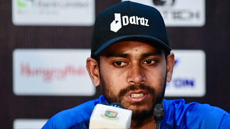 Bangladesh's Mehidy Hasan Miraz speaks during a press conference at the Sher-e-Bangla National Cricket Stadium in Dhaka on 3 April, 2023, on the eve of their cricket Test match against Ireland