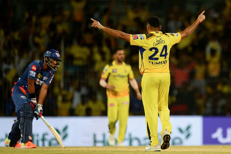 Chennai Super Kings' Tushar Deshpande celebrates after taking the wicket of Lucknow Super Giants' Nicholas Pooran during the Indian Premier League (IPL) match between Chennai Super Kings and Lucknow Super Giants at the MA Chidambaram Stadium in Chennai on 3 April 2023