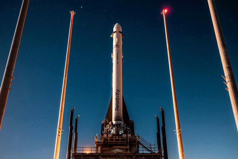 In this 6 February, 2023, handout photo from Relativity Space obtained the Terran 1 rocket can be seen on the launch pad at Launch Complex 16 in Cape Canaveral, Florida